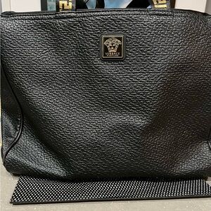 Versace Black Textured Leather Duffel Bag with Medusa Emblem